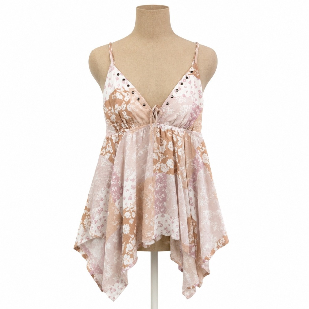 Y2K Floral Patchwork Babydoll Cami Top Size M Pink Handkerchief Fairy Ethereal